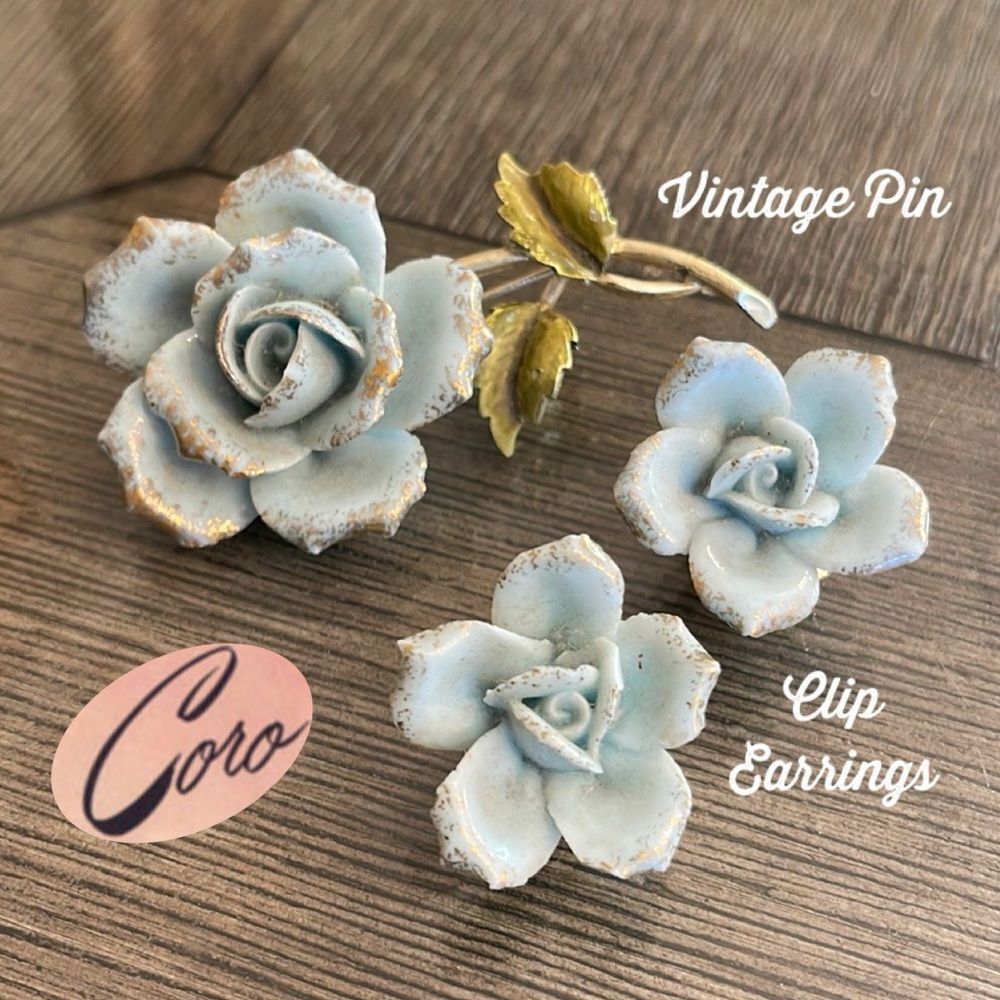 Vintage Coro Porcelain Rose Pin & Clip Earrings Mid Century